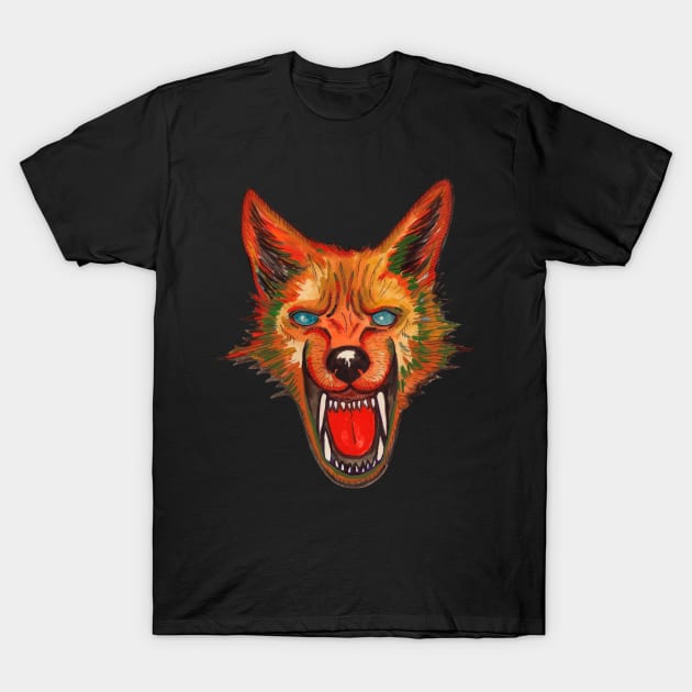 Angry colorful fox wolf T-Shirt by deadblackpony